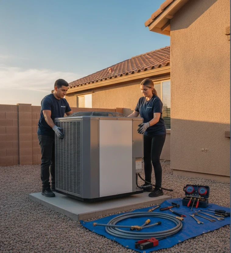 ECHA HVAC crew setting a new AC condenser on a concrete pad at a Sacramento home