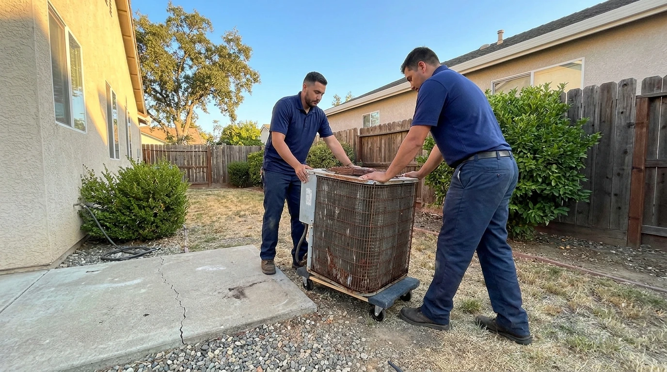 ECHA HVAC technicians removing an old rusted AC condenser during a system replacement in Sacramento