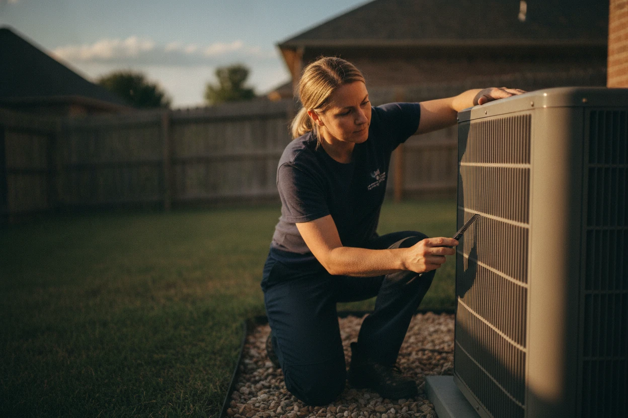 ECHA HVAC technician tuning up an outdoor AC condenser unit in Sacramento