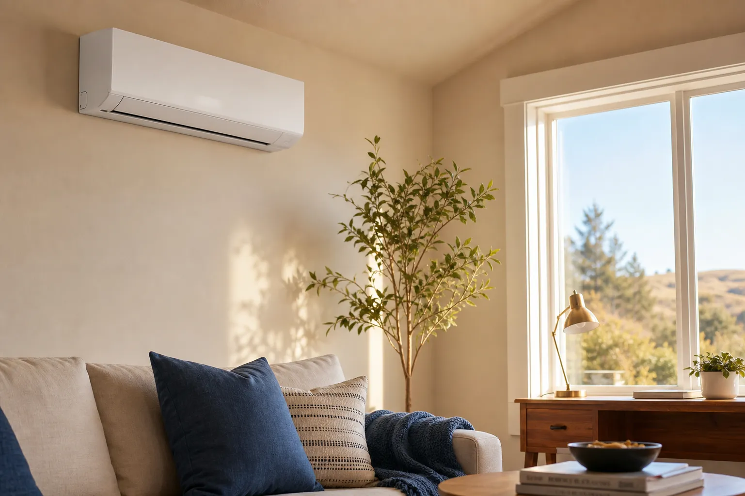 Wall-mounted ductless mini-split indoor head installed in a bright Sacramento living room