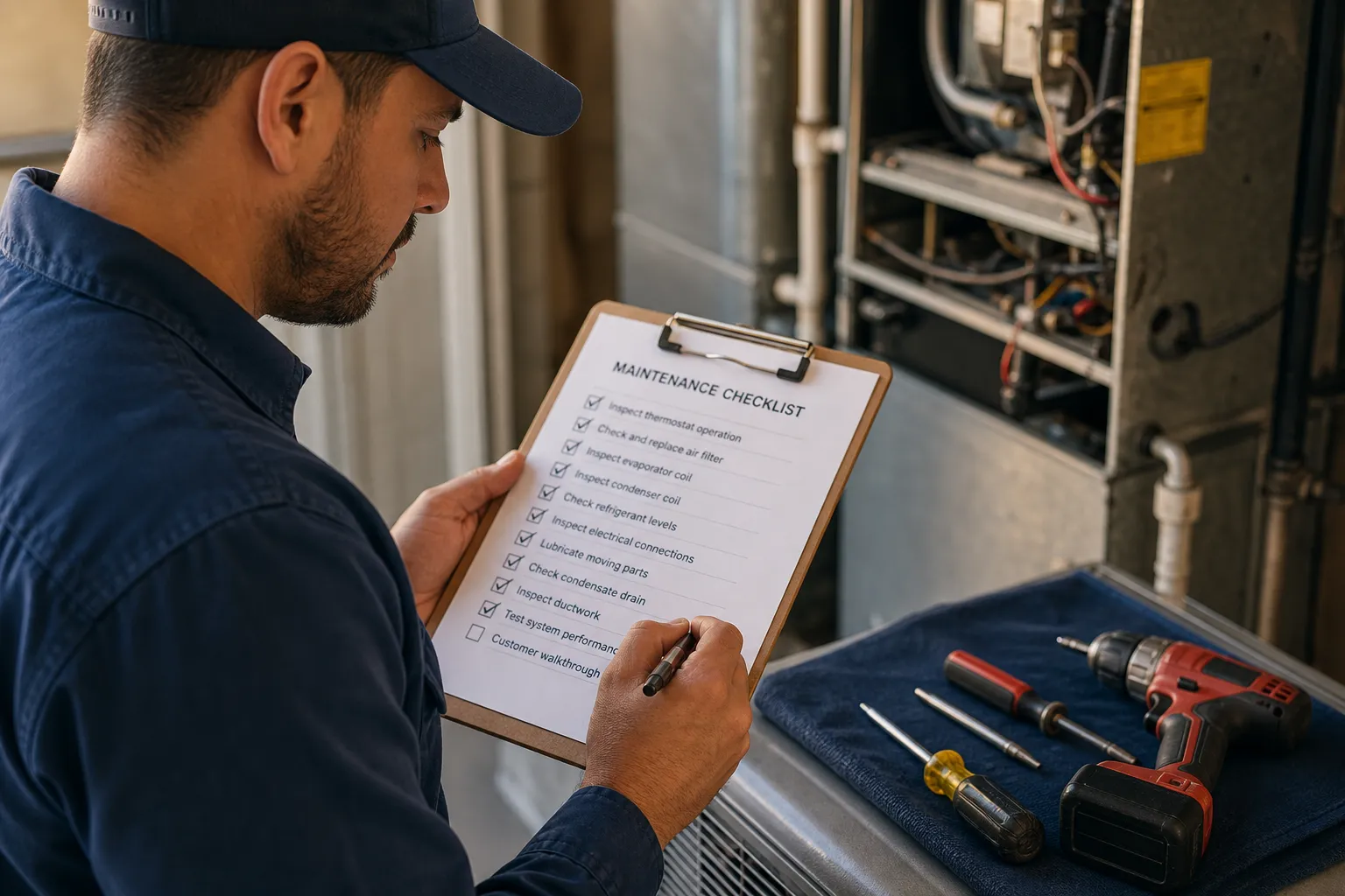 ECHA HVAC technician marking off a multi-point preventative maintenance checklist beside a Sacramento home HVAC system