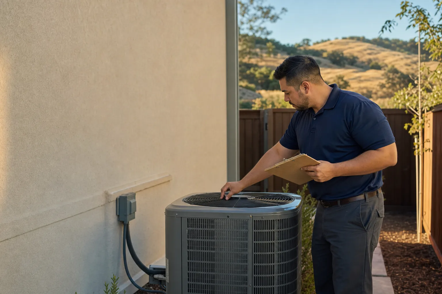 ECHA HVAC technician performing a preventative maintenance tune-up on an outdoor unit at a Sacramento home