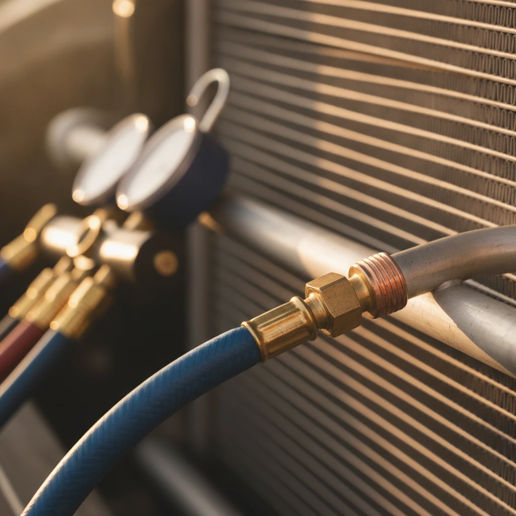 Close-up of a refrigerant line connected to an AC service port with a brass flare fitting
