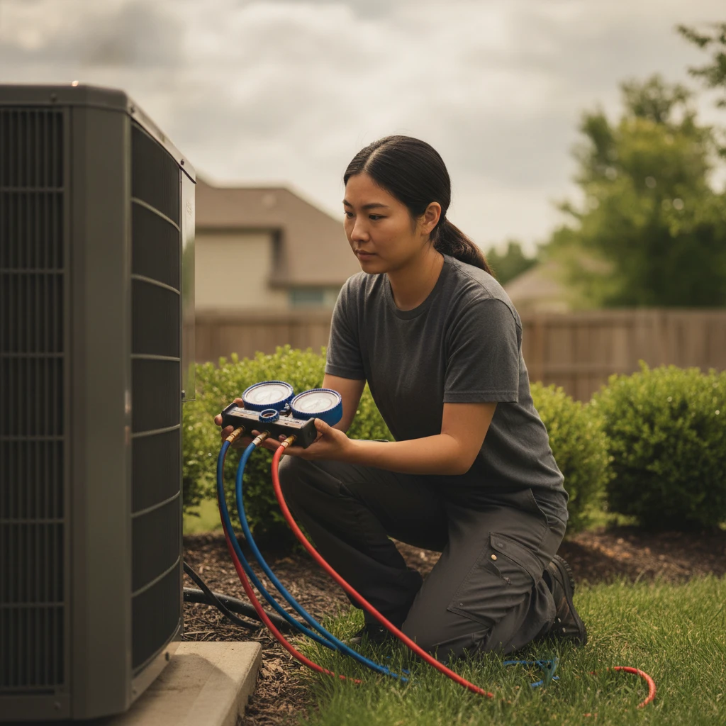 ECHA HVAC technician checking AC refrigerant charge with gauges in Sacramento