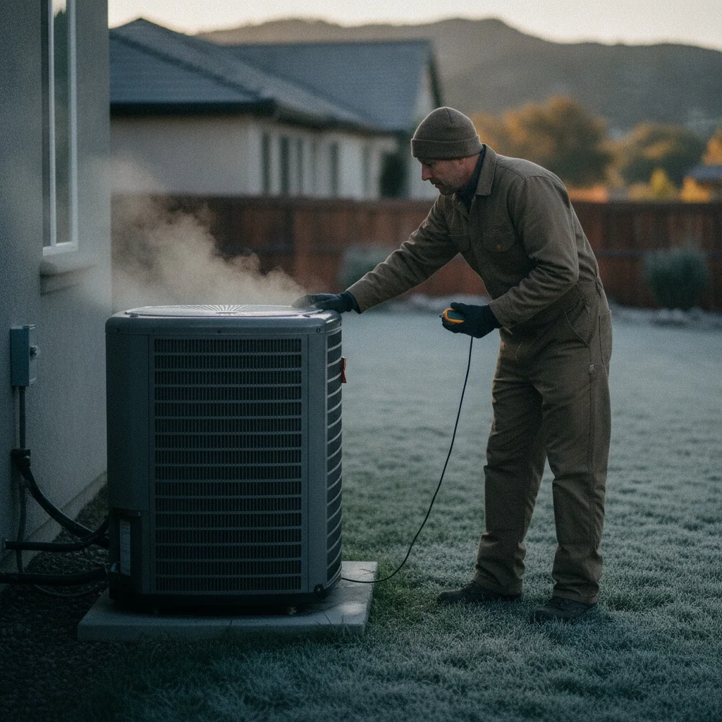 ECHA HVAC technician checking a residential heat pump on a frosty Sacramento morning as it runs a defrost cycle