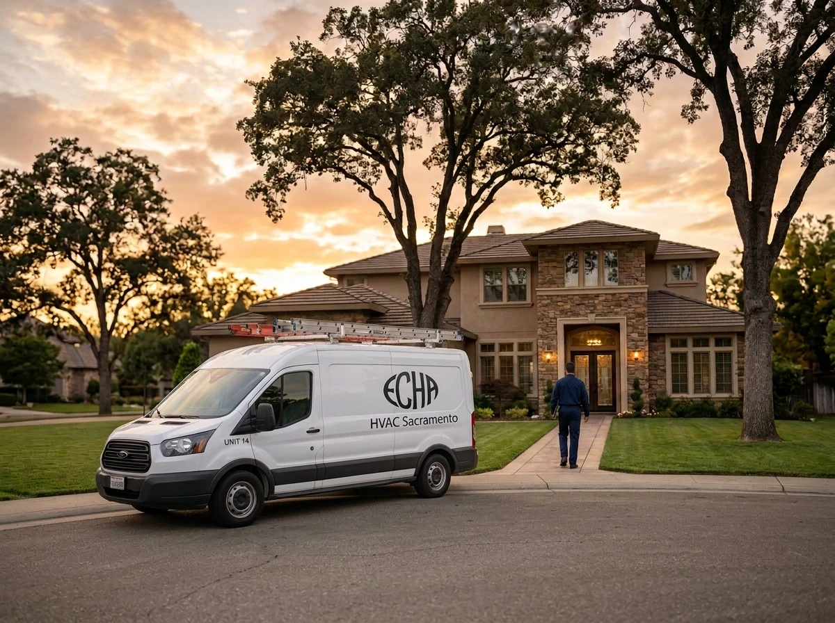 ECHA HVAC Sacramento service van parked in front of a Sacramento home at sunset as a technician walks to the door