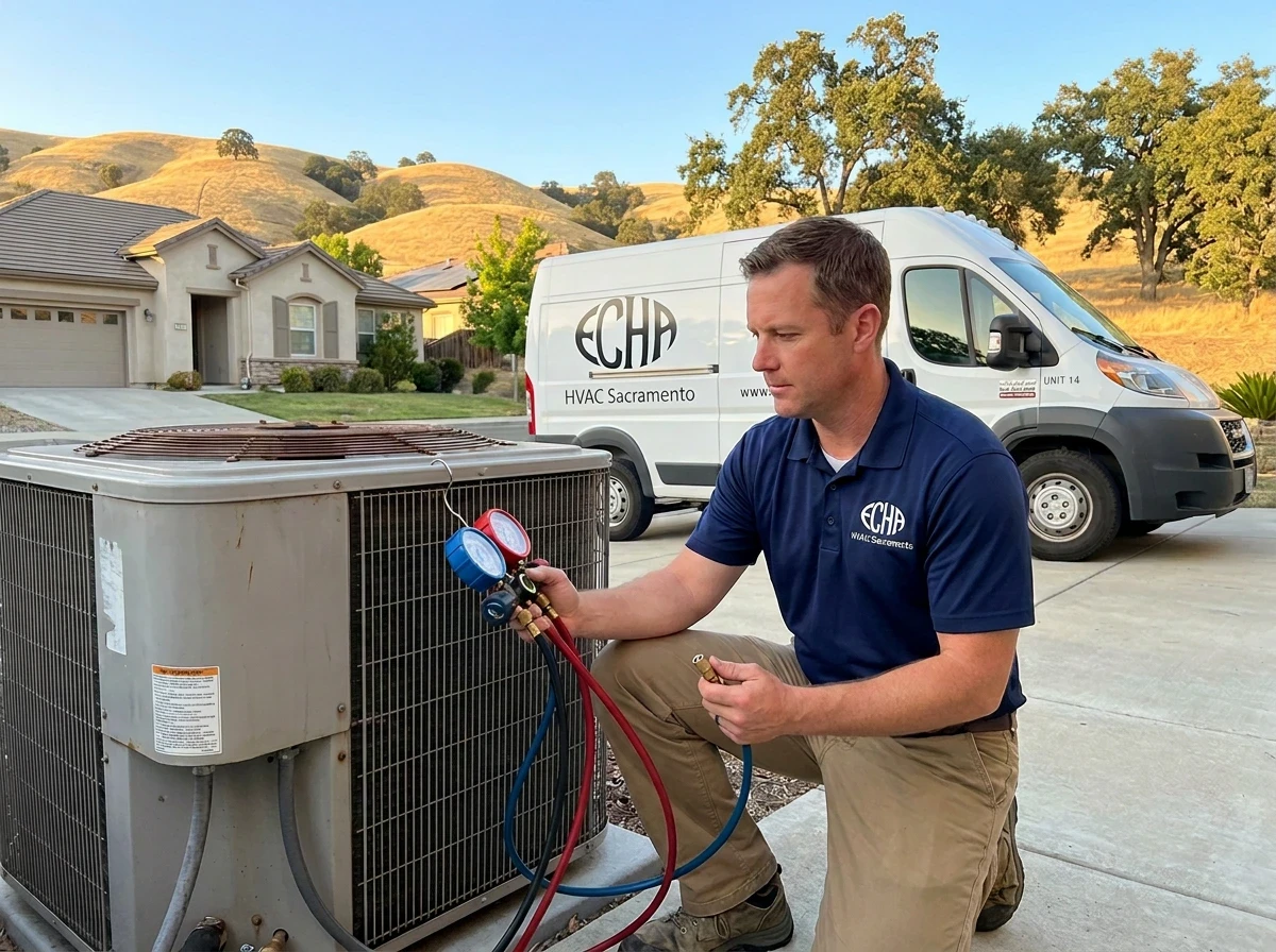 ECHA HVAC Sacramento technician checking AC refrigerant gauges beside a branded ECHA HVAC Sacramento service van at a Sacramento home