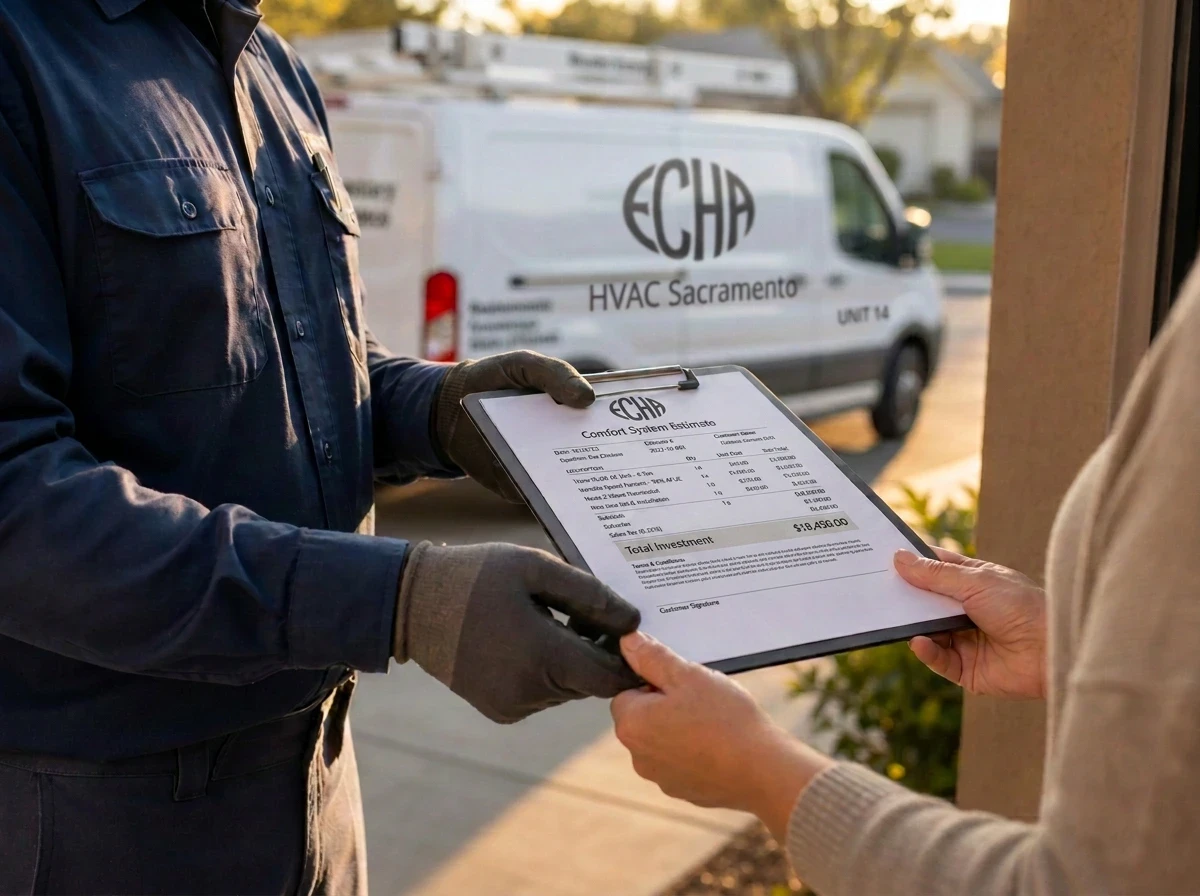 ECHA HVAC Sacramento technician handing a written flat-rate Comfort System estimate to a homeowner at a Sacramento front door, branded ECHA van behind