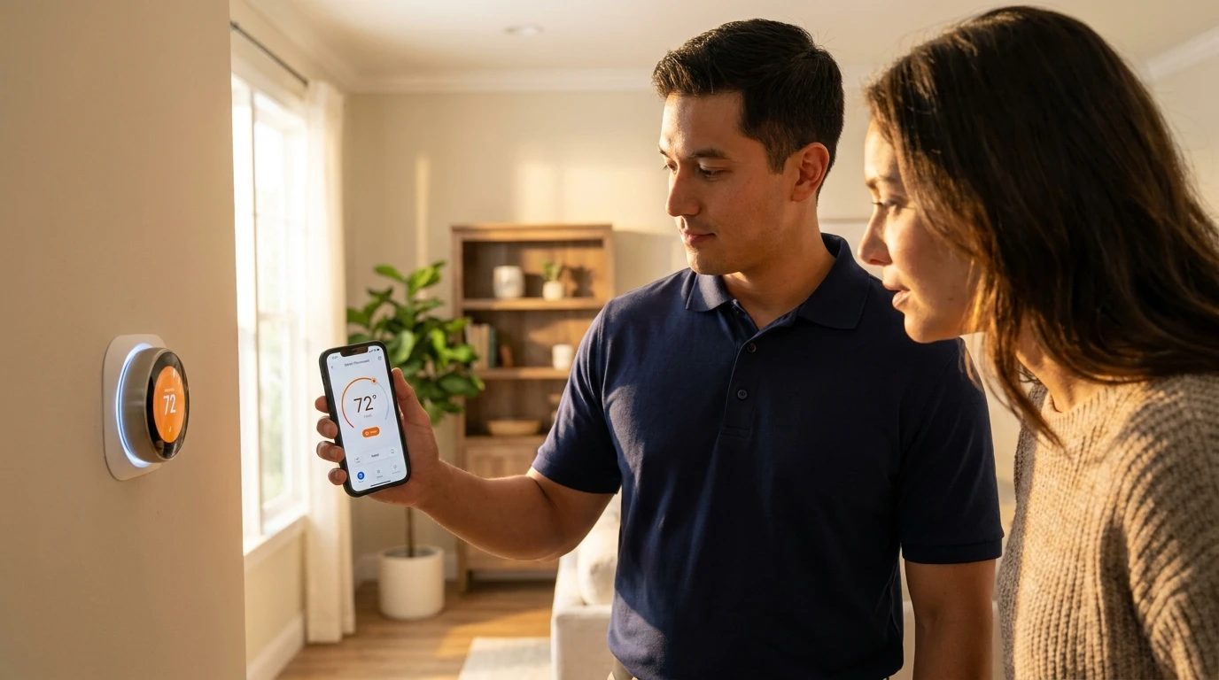 ECHA HVAC technician setting up a smart-thermostat mobile app with a Sacramento homeowner