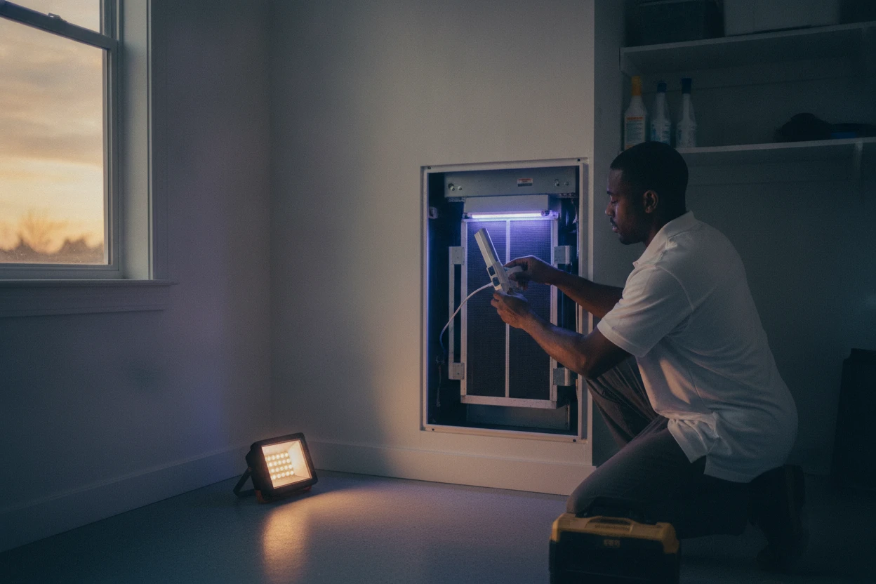 ECHA HVAC technician installing a UV-C purification lamp at the coil in a Sacramento home