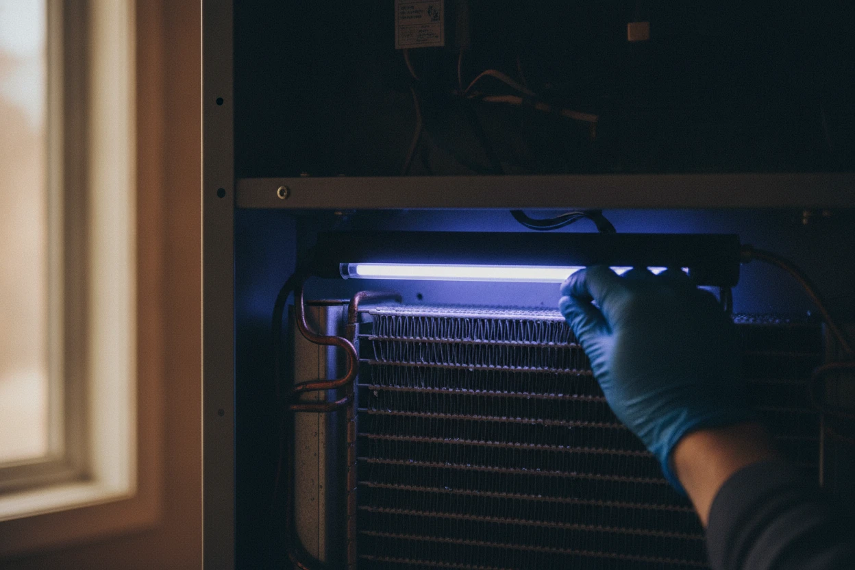 UV-C purification lamp installed at the evaporator coil inside a home air handler