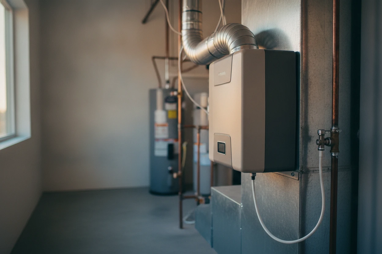 Whole-home humidifier installed on the supply ductwork of a Sacramento home HVAC system